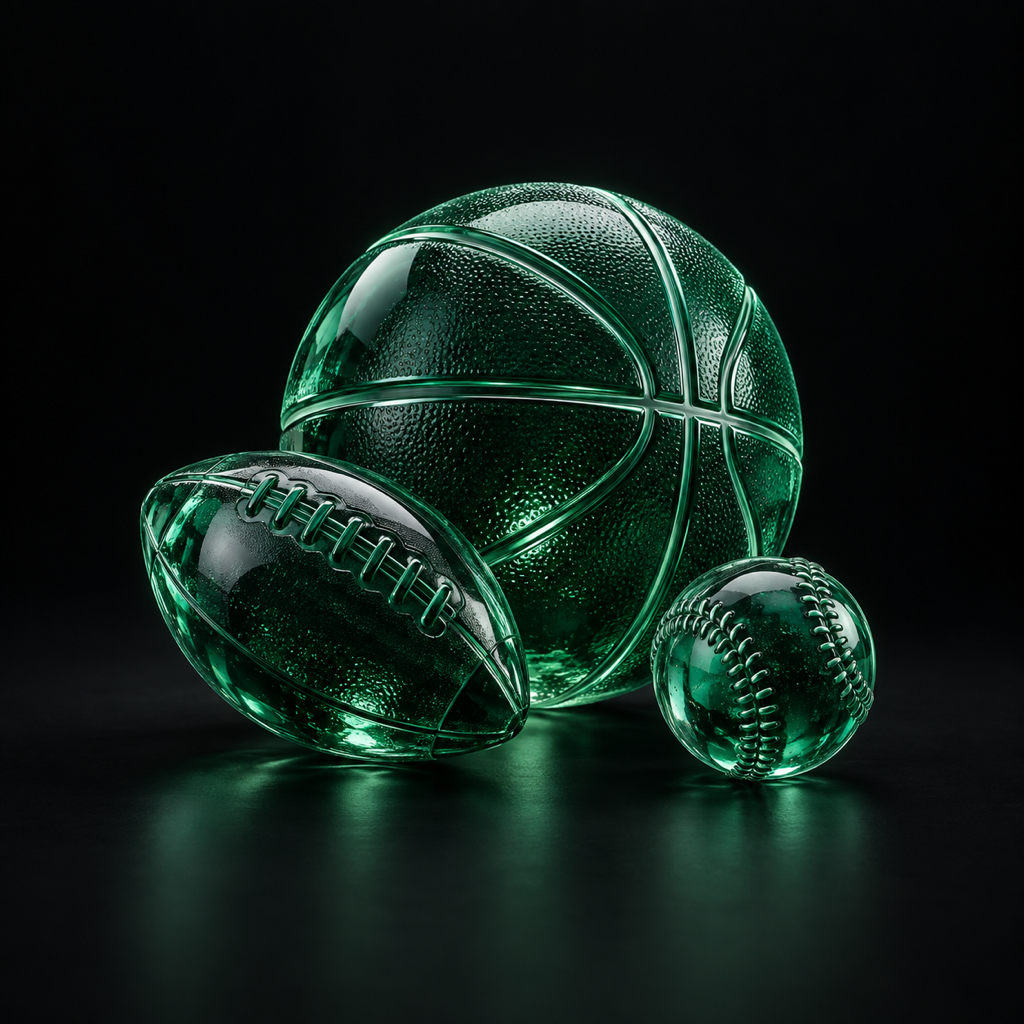 Emerald glass basketball, football and baseball
