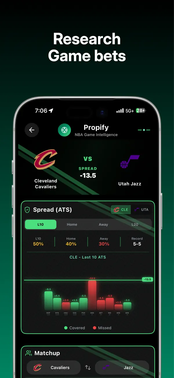 Research game bets with matchup statistics
